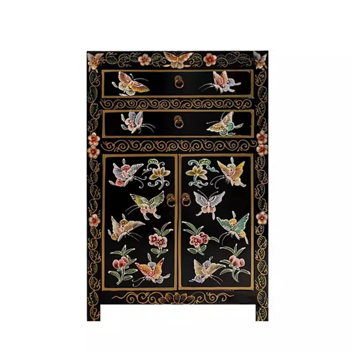 Antique Finish Tibetan Painted Chest Ornate ornamentation Bedside Cabinet bright hues End Table long-Enduringing Construction for Fans of Ethnic Decor, Interior Decorators, Apartment Dwellers, Bedroom, Living Room, Entryway, Hallway