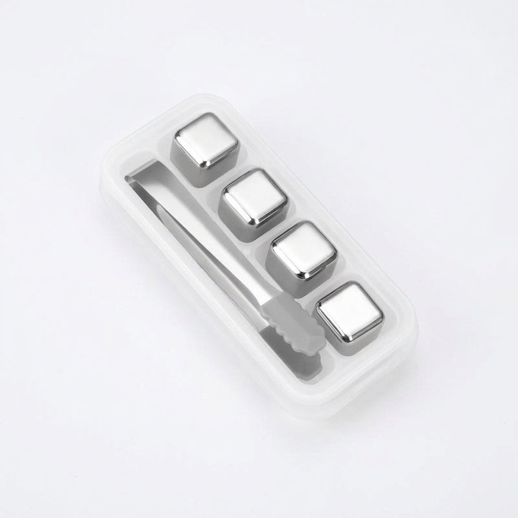 Iced Coffee and Iced Tea Chilling Cubes for Home Bar, Stainless Steel Whisky Stones Gift for Dad, 4 Piece Set with Ice Tongs, Gift for Him