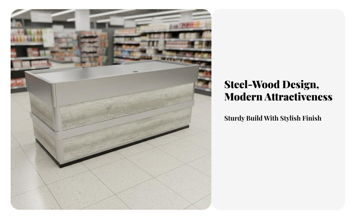 Stainless Steel Checkout Counter Spacious Countertop Supermarket Register Stand Sturdy Construction Steel and Wood Payment Desk for Shop Owners