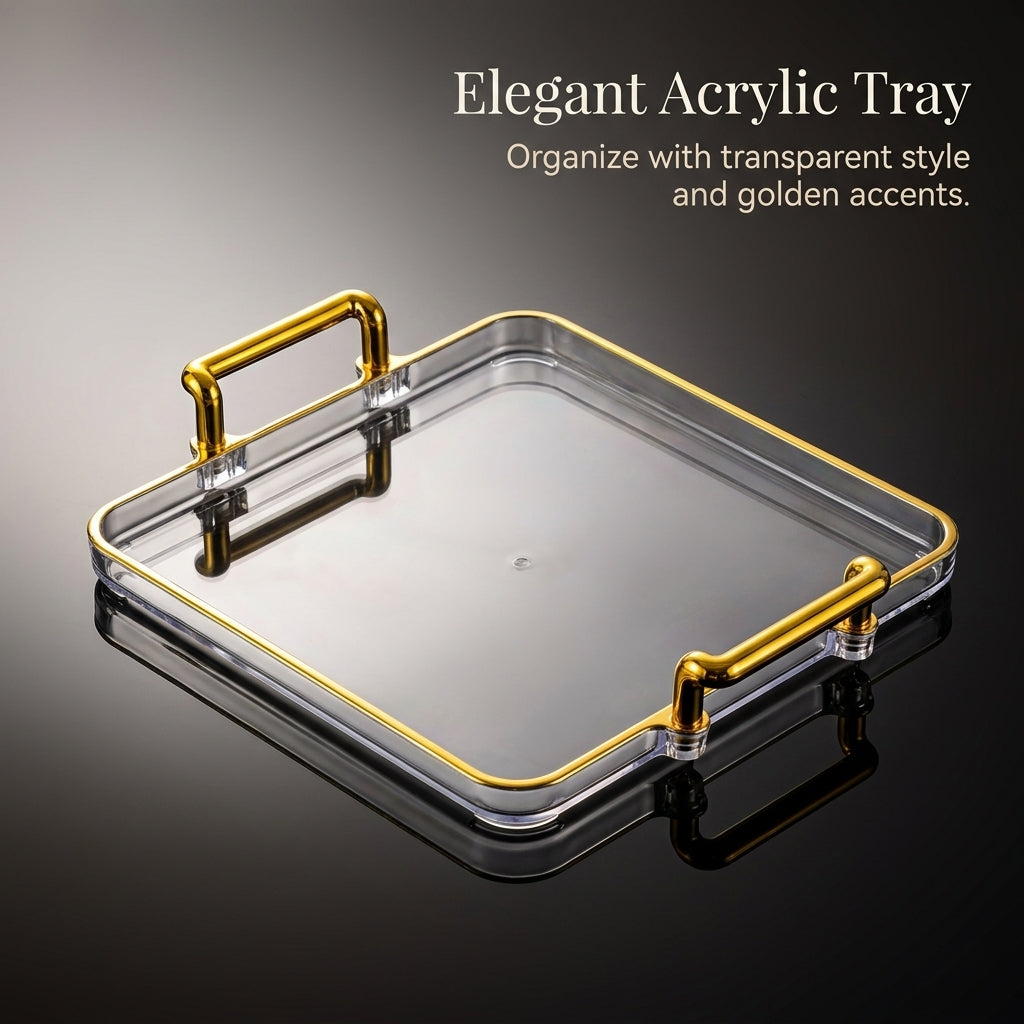 Acrylic Vanity Tray with Compartments, Electroplated Finish Organizer, Candle for Coffee Table, Dressing Decor