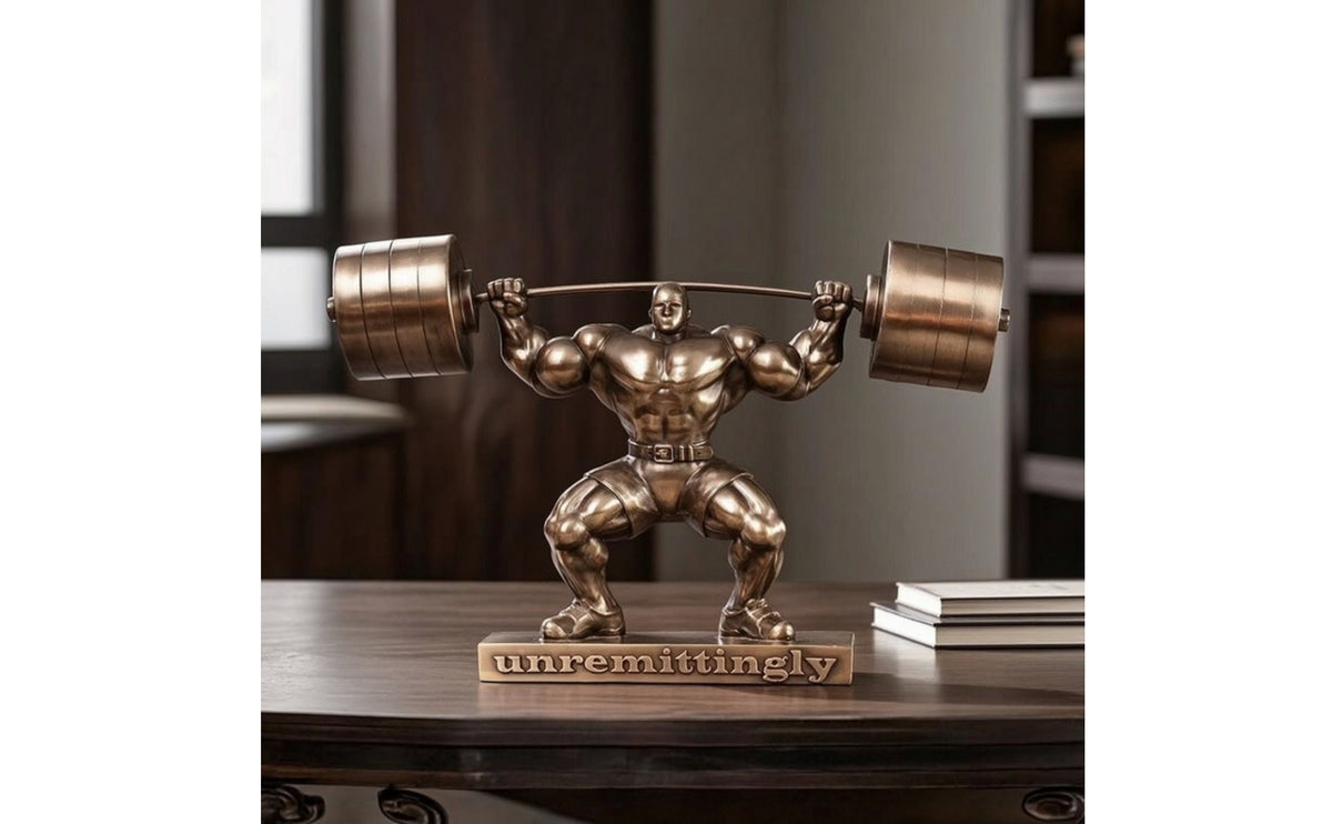 Bodybuilding Figurine Bronze Finish Muscular Weightlifting Sculpture Cold-Cast Bodybuilder Statue with Barbells for Bodybuilders, Gym, Office, Entryway