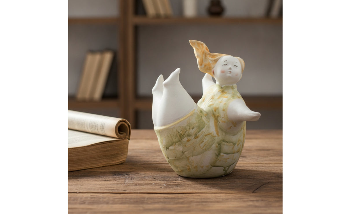 Girl Figurine Freestanding Ceramic Sculpture Glossy Tabletop Ornament for Shelf