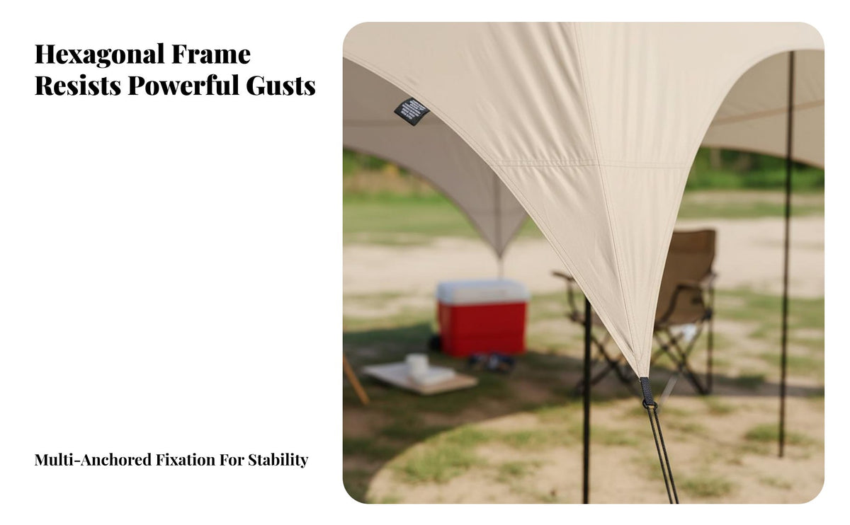 Hexagonal Shelter Sun Protection UPF 50+ Camping Gear for Groups of Friends, Sports Spectators, Campsite, Backyard, Outdoor Meals