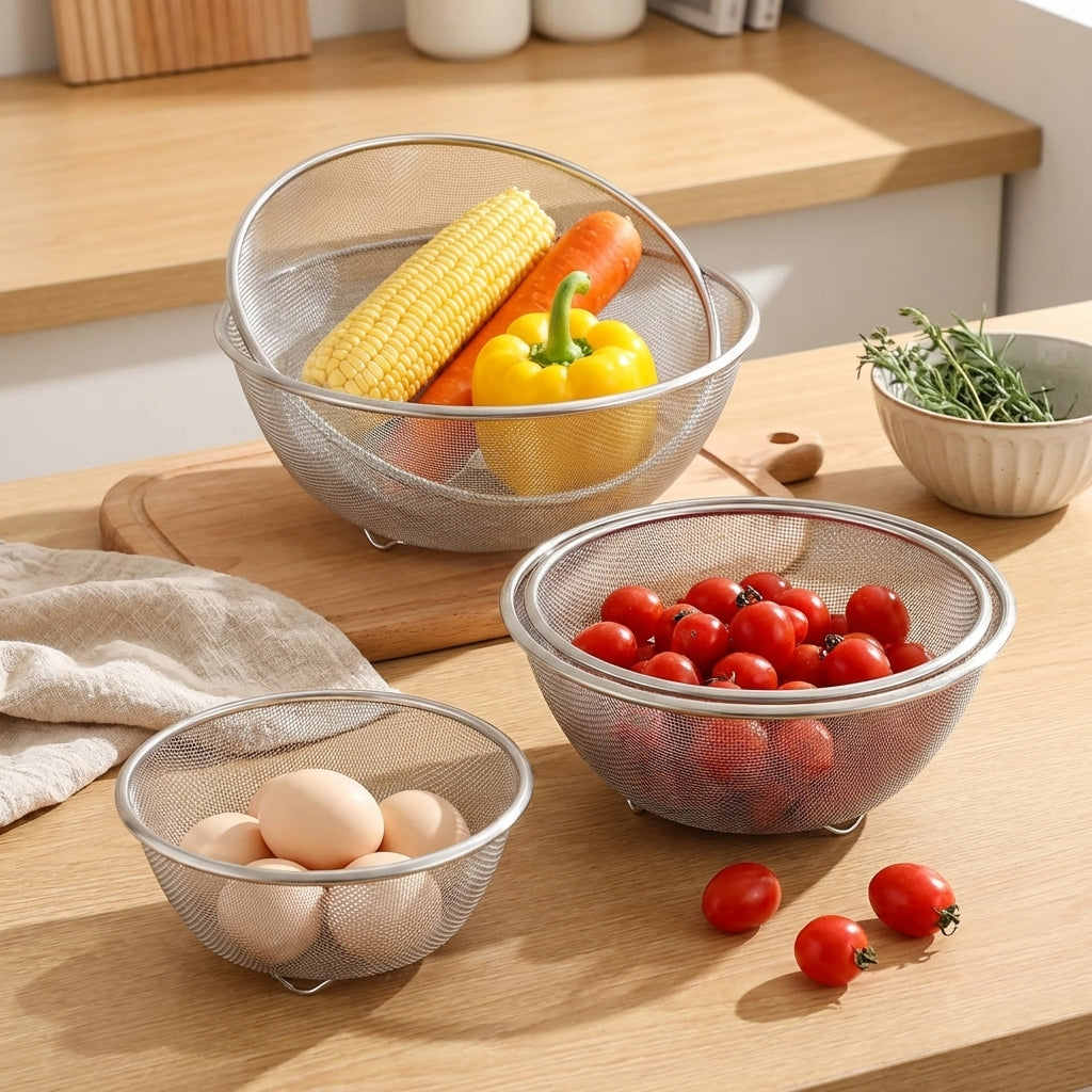 Stainless Steel Colander, Nestable Mesh Sieve Draining Basket and Rice Strainer, Thickened Steel Colander for Fruit and Vegetable Kitchenware