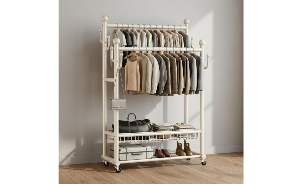 Multi-Functional Rolling Garment Rack with Shelves Large Capacity Double Rod Clothes Rack Heavy Duty Household Storage Space Saving for Bedroom