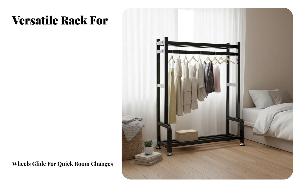Heavy Duty Standalone Standing Garment Rack Large Capacity Rolling Clothes Rack Stable & Sturdy Mobile Coat Stand Easy Assembly for Boutique Owners, Renters, Students, Bedroom, Balcony, Living Room, Entryway