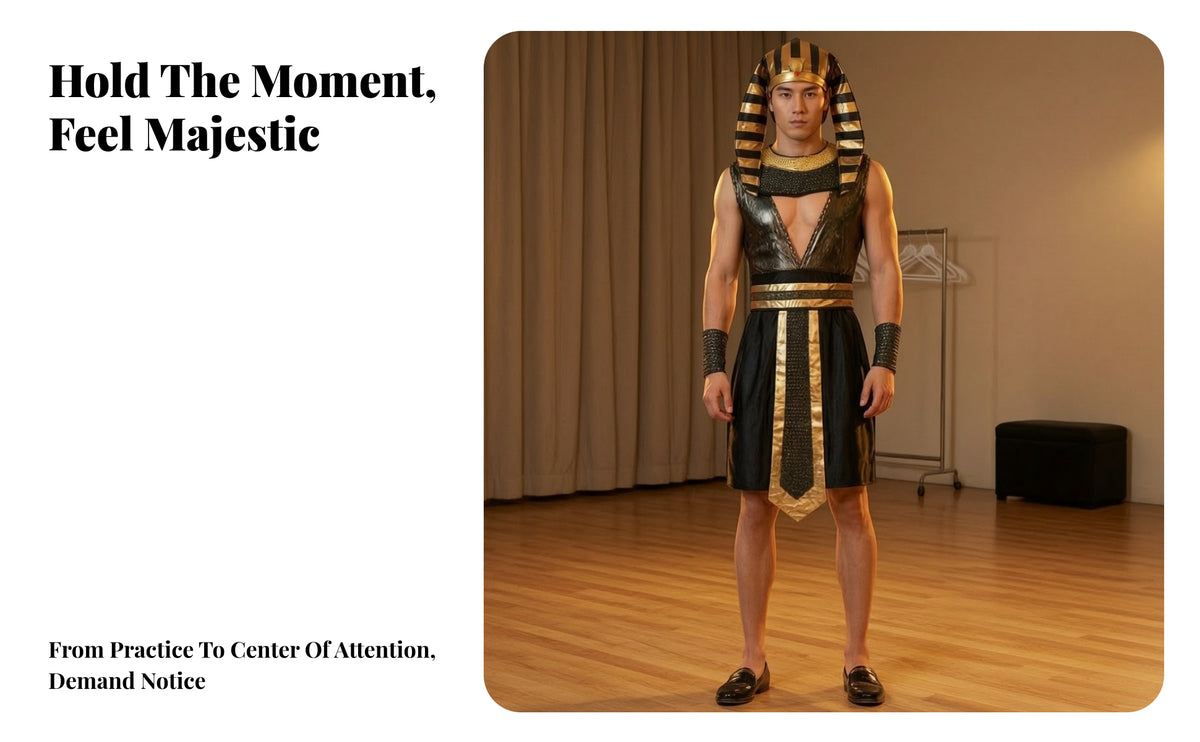 Realistic Pharaoh Headpiece | Gold-Trimmed Skirt Panel, Pharaoh Costume, shiny-look Sleeveless Top, Ancient Costume, for Halloween