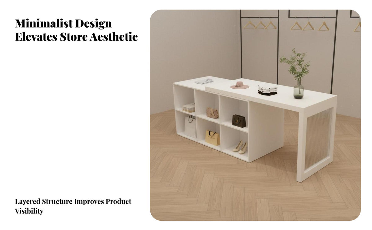 Wide Countertop Clothing Shop Display Counter Minimalist Design Shop Island with Storage Shelves Extendable Display Table for Boutique Owners, Boutiques, Beauty Salons, Cafes
