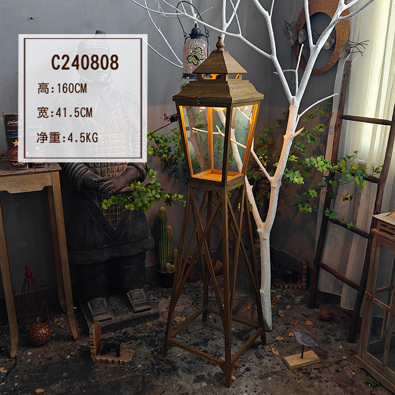 美术馆艺术馆玻璃落地灯装饰咖啡店咖啡馆木质风灯大型烛台摆件