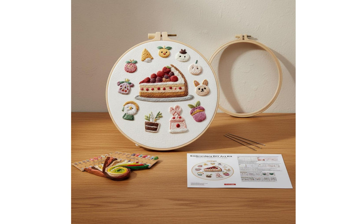 Cute Dessert Theme Cake Pattern Embroidery Set Water-Soluble Ink DIY Hand Embroidery Kit Screen-Unrestricted Activity for Home Decoration