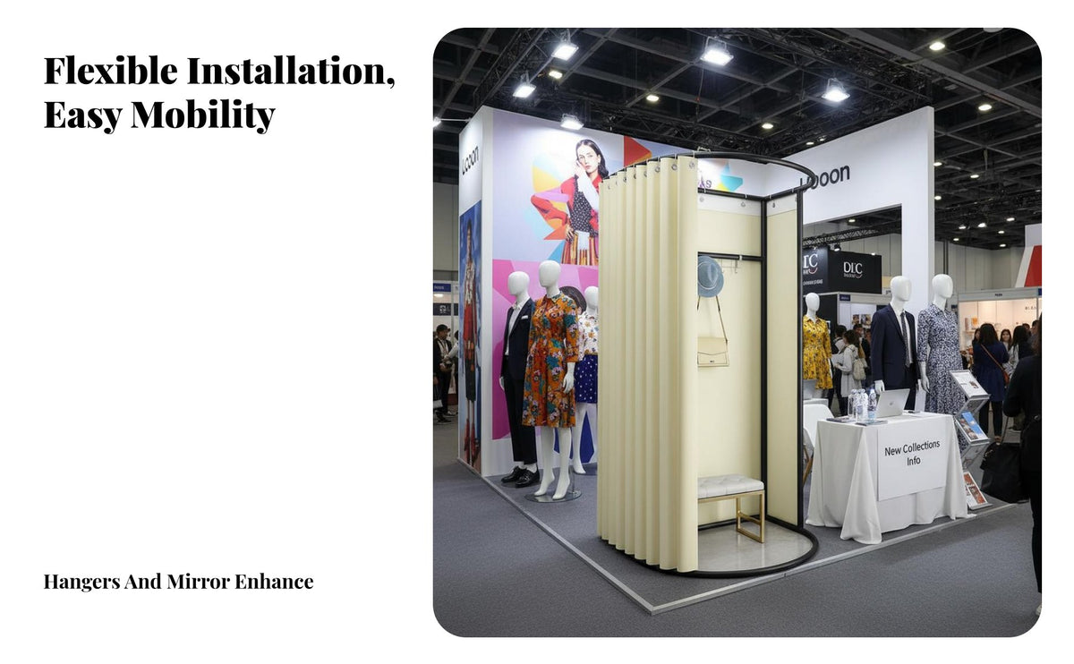 Floor-Standing Portable Fitting Room Easy Assembly Movable Dressing Room Sturdy Frame Freestanding Dressing Booth Light Blocking Curtain for Photographers, Temporary Shop Vendors, Event Organizers, Shopping Mall, Boutique, Outdoor Events, Photo Studio