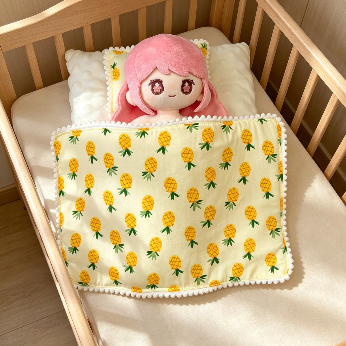 22cm Cotton Doll Cherry Bed 3-Piece Set with Cream Satin