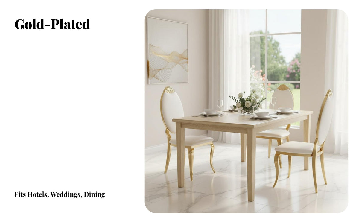 Indoor and Outdoor Use European Design Backrest Chair Long-Lasting Gold Wedding Chair Heavy Duty Banquet Seating Ergonomic Design for Restaurant Owners, Homeowners, Couples, Hotels, Formal Events, Restaurants, Reception Area