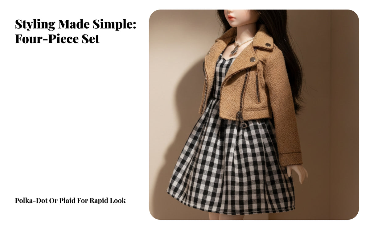 4 Pieces Pleated Doll Jacket with Skirts | Checkered, Doll Jacket Outfit Set, for Photography