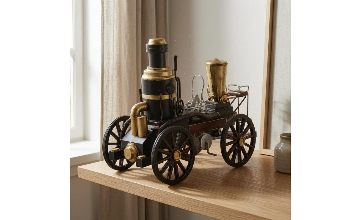 Handmade Vintage Steam Locomotive Statue Black and Gold Locomotive Collectible Model Mechanical Details Train Sculpture Spoked Wheels