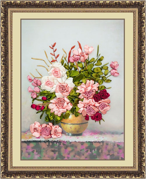 European Style Ribbon Embroidery Kit Rose Floral Printed Wall Art for Living Room Decor