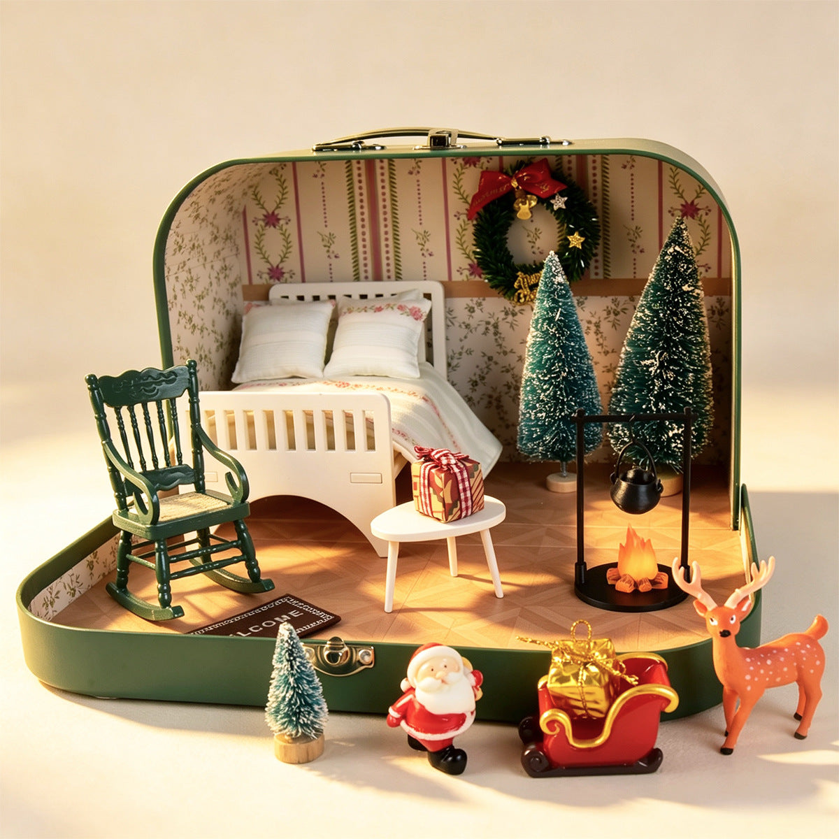 Green Suitcase Christmas Dollhouse Playset with Miniature Furniture