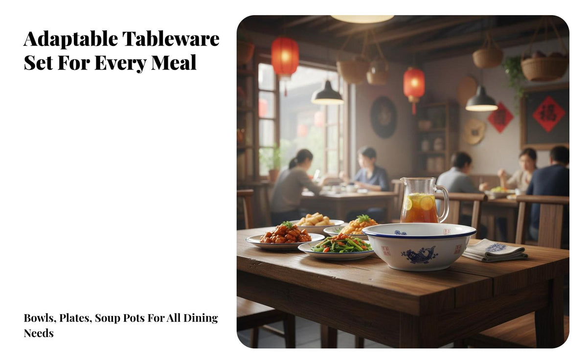 Chinese Vintage Navy & Cream Porcelain Bowl and Plate Set, Thickened, Microwave Safe Tableware