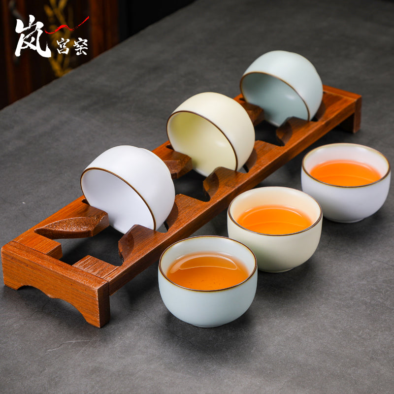 高端天青三色汝窑茶杯套装6只品茗杯家用茶具功夫茶碗主人杯陶瓷