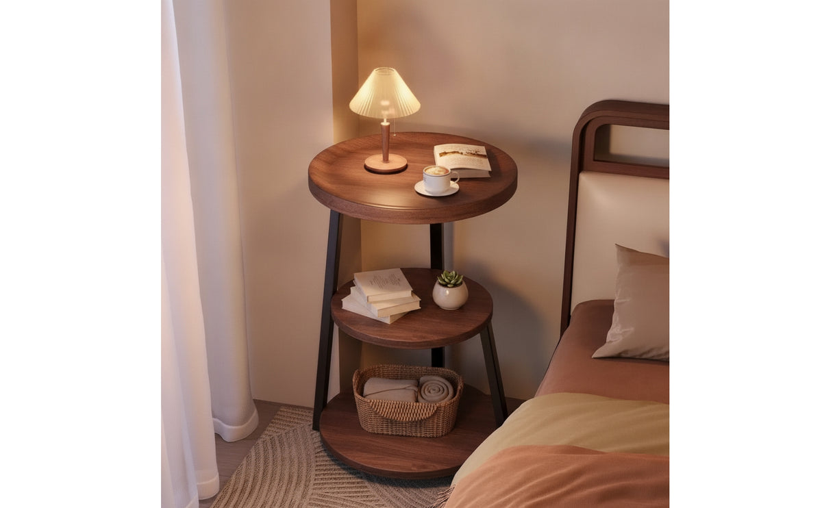 Three-Tier Side Table Open-Frame Side Table with Storage Shelves Compact Nightstand for Bedroom, Living Room