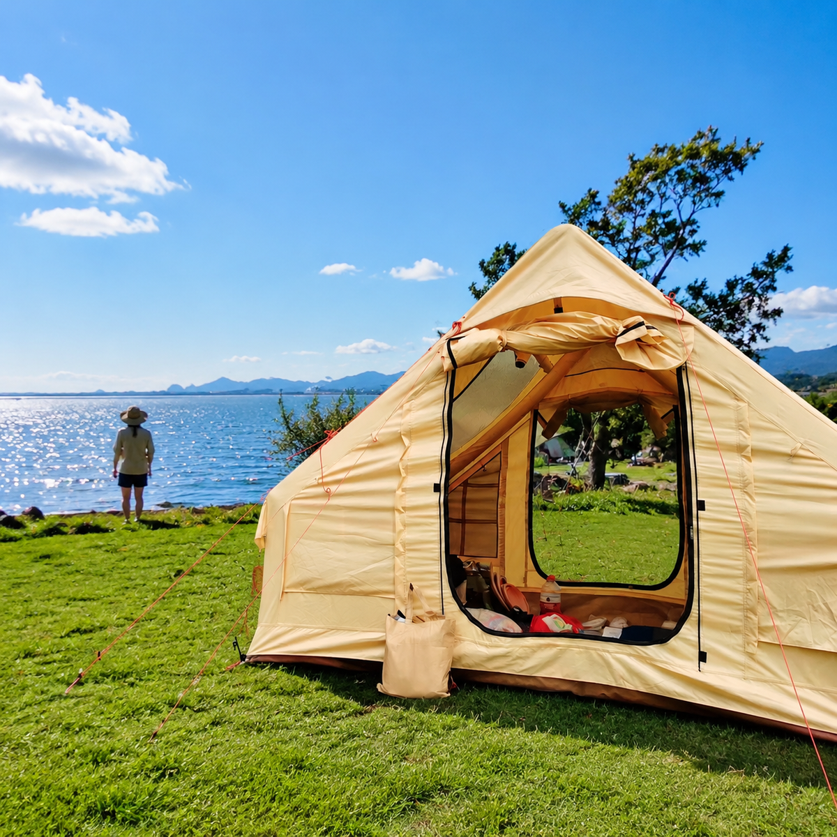 Yellow inflatable air tent for 5-6 people, automatic inflatable camping tent 300x210x200cm, waterproof family tent with air pump