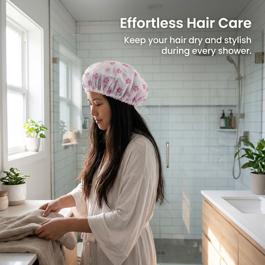 Shower Cap for Long Hair, Reusable Bath Cap with Elastic Band, Fashionable Patterned Hair Covering for Shower, Spa, Travel, Cooking