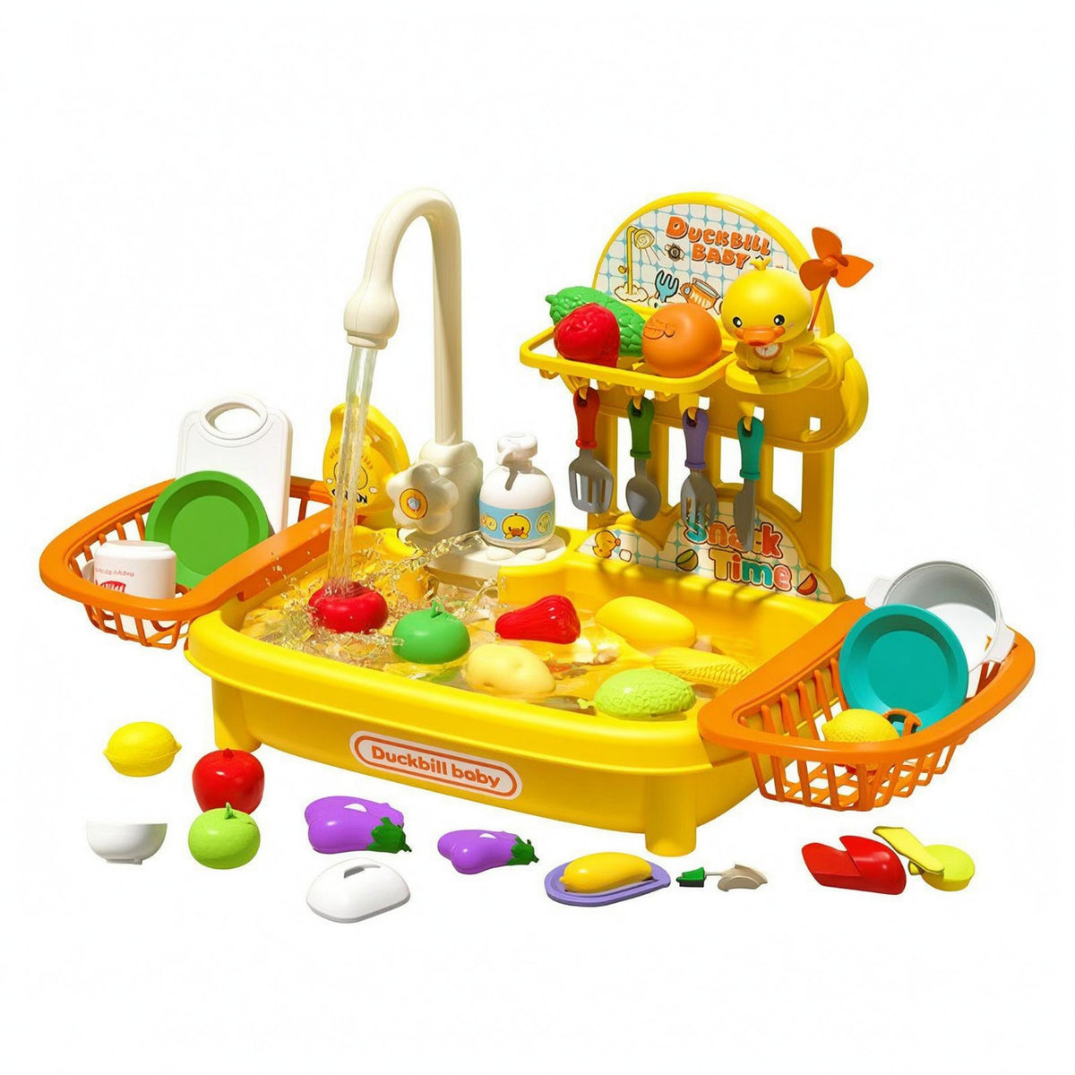 Standing Faucet Running Water Sink Toy Duck Themed Toy Kitchen Sink Detachable Legs Dishwashing Set Yellow