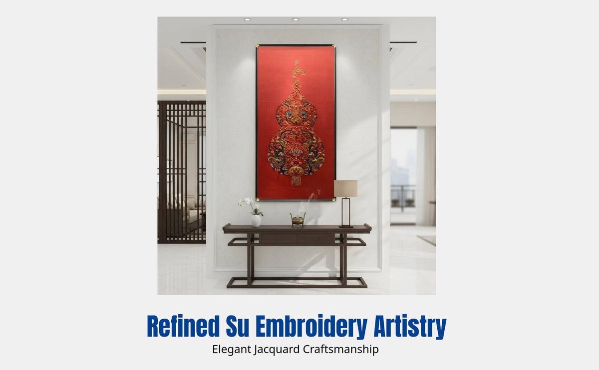 Embroidered Wall Art, New Chinese Style, Suzhou Embroidery, Gourd Motif, Entryway Decor, Vertical Framed Painting