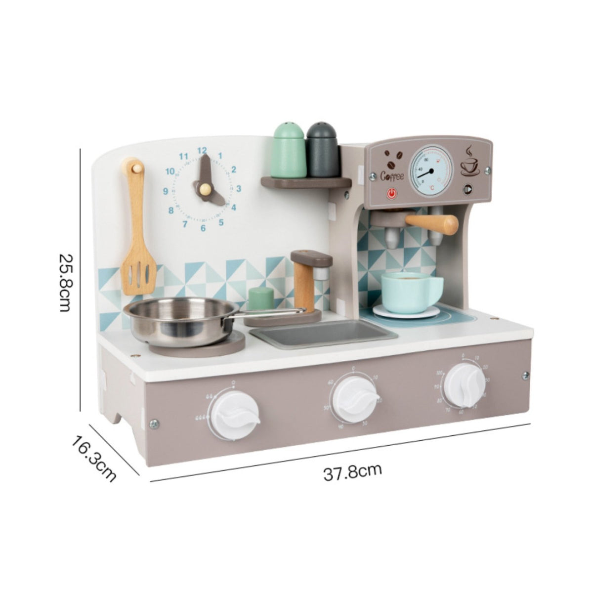 Realistic Details Toy Coffee Brewer Kitchen Multi-Function Wooden Play Cooktop Clicking Knobs Pretend Kitchen Appliance Set Educational for Children, Boys and Girls