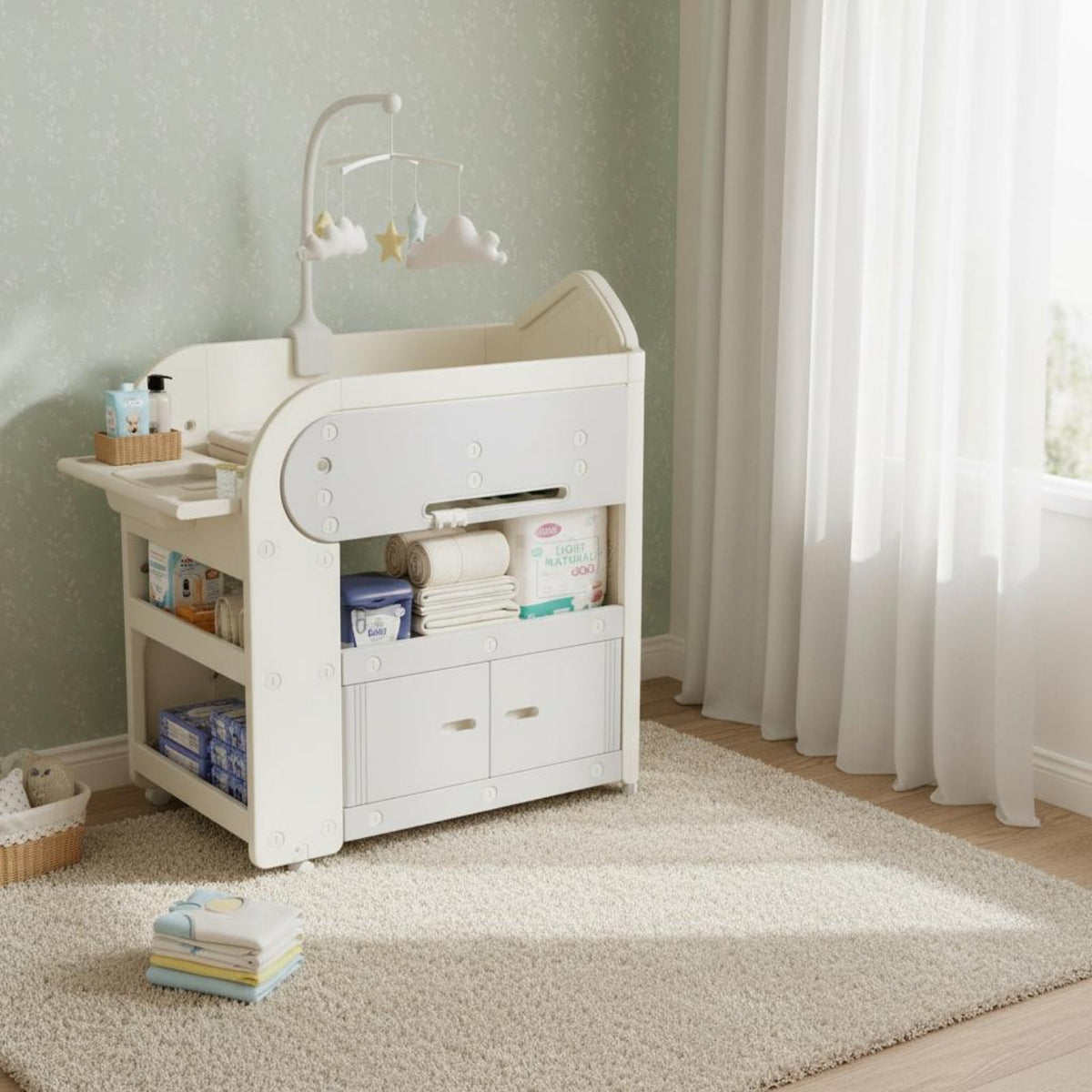 All-in-Single Design Infant Changing Table with Bath Height Adjustable Mobile Changing Table Large Storage Capacity Nursery Furniture for Newborns