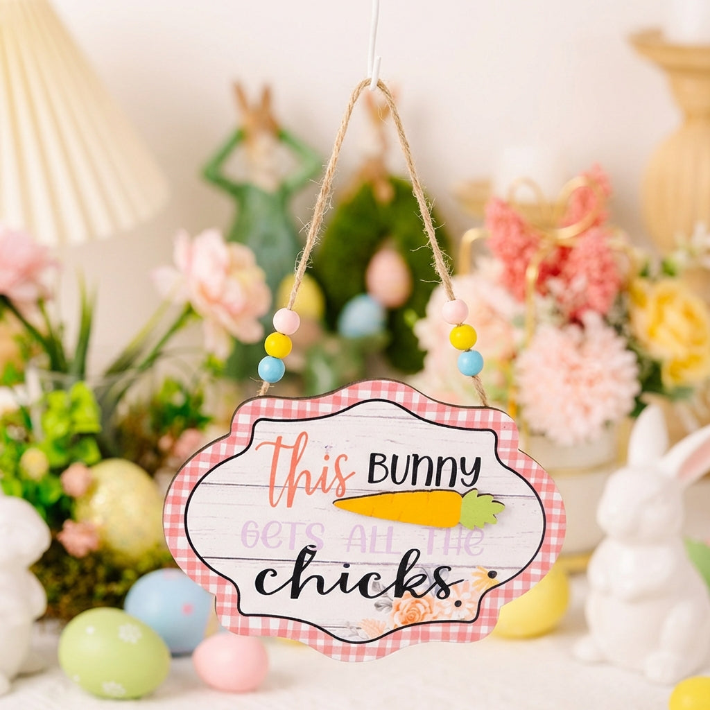 Easter Decorations, Happy Easter Hanging Sign, Beaded Easter Door Hanger Farmhouse Aesthetic Wooden Easter Decoration Handcrafted Plaid Border Hanging Sign for Families, Porch, Mantelpiece