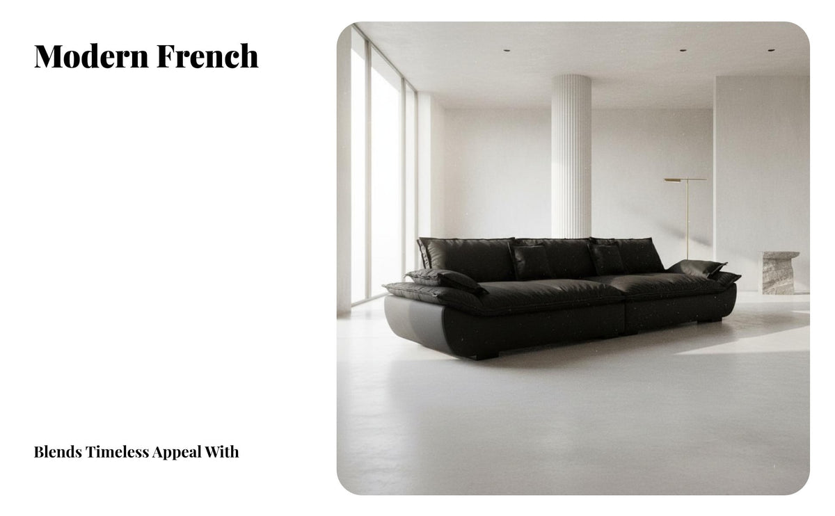 Deep-Seat Black Leather Sofa French Retro Design Living Room Furniture Easy to Clean Couch for Apartment Dwellers, Office Workers, Bedroom