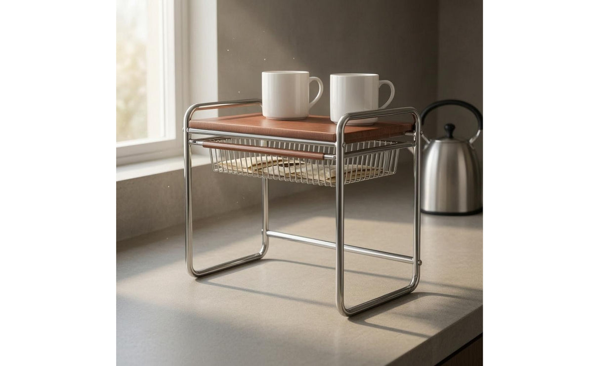 Microwave Oven Rack Metal Frame Countertop Storage Rack Wood Top Countertop Organizer