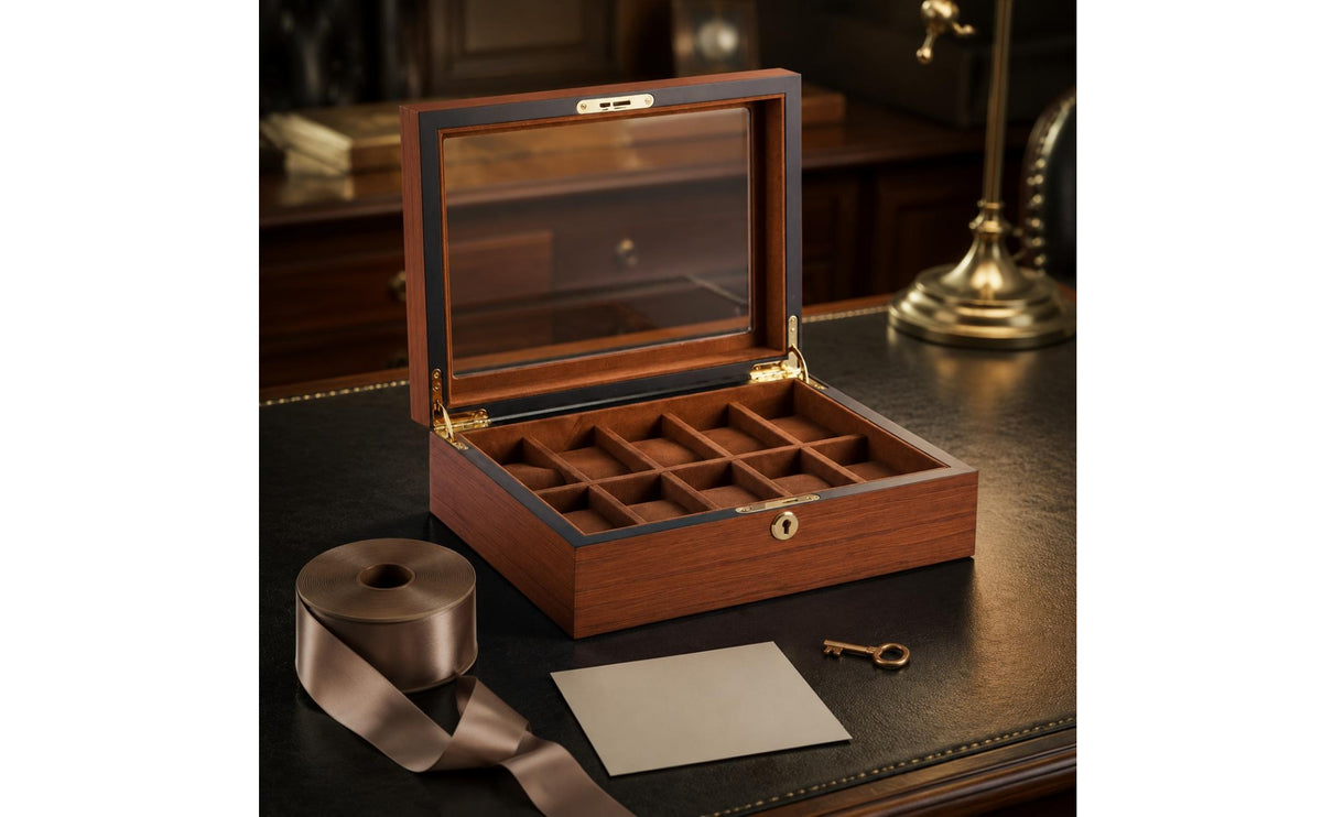 Teak Wood Watch Box with Transparent Lid for Home Storage