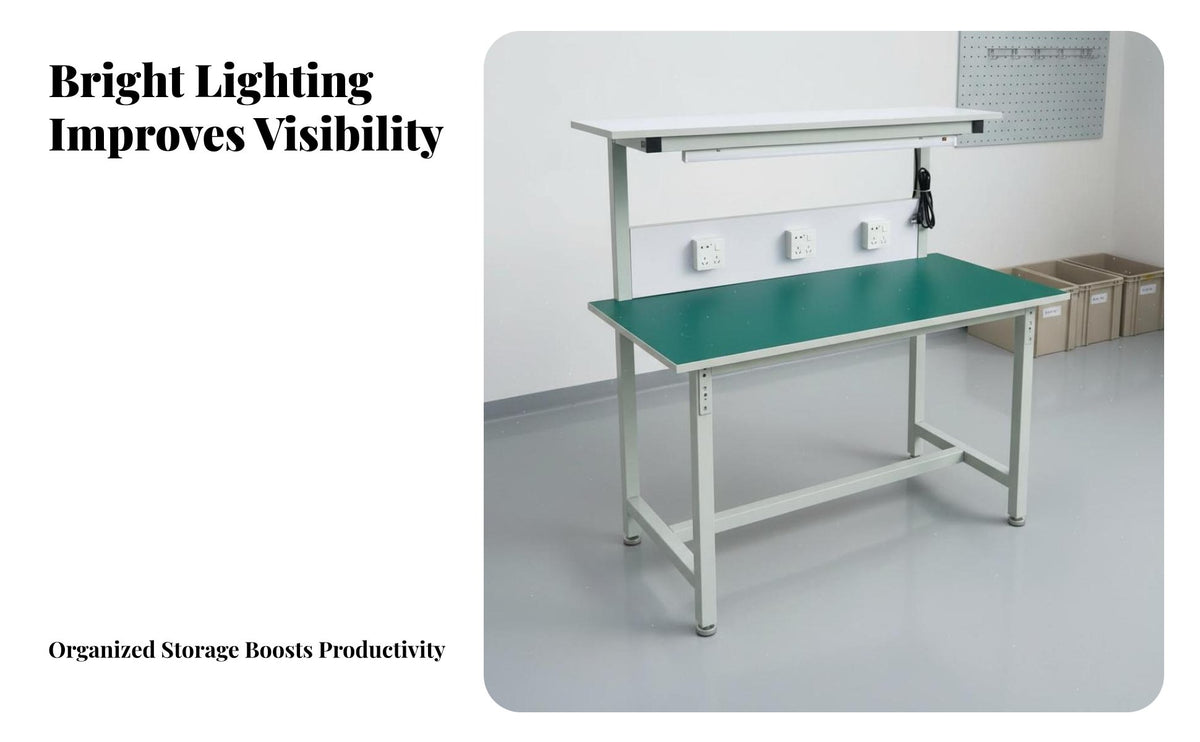 Anti Workbench Heavy-Duty Construction Electronics Repair Stationary Table Frame Assembly Table with Light for Technicians, Factory, Research Facility