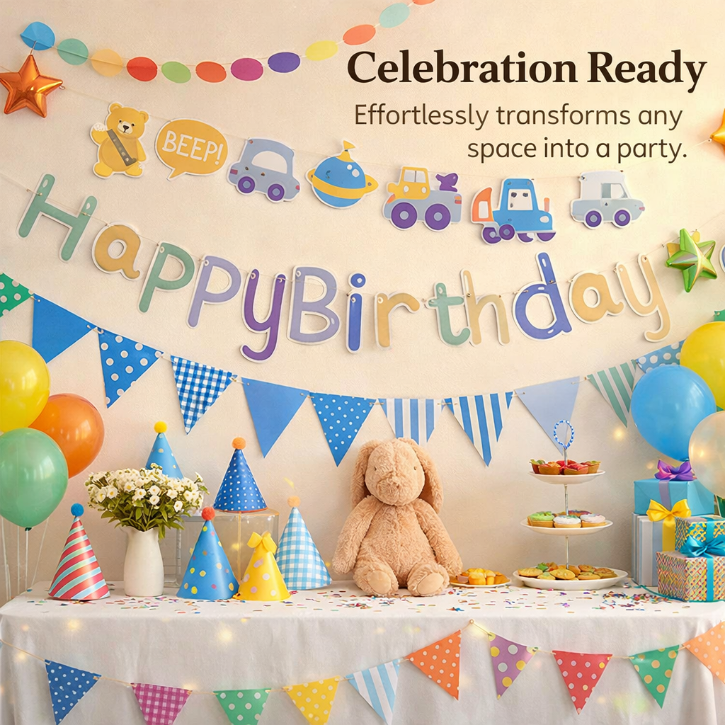 Colorful Face Birthday Banner for Kids Party, Letter Decoration with Cartoon Design, Shower Celebration Bunting Flags
