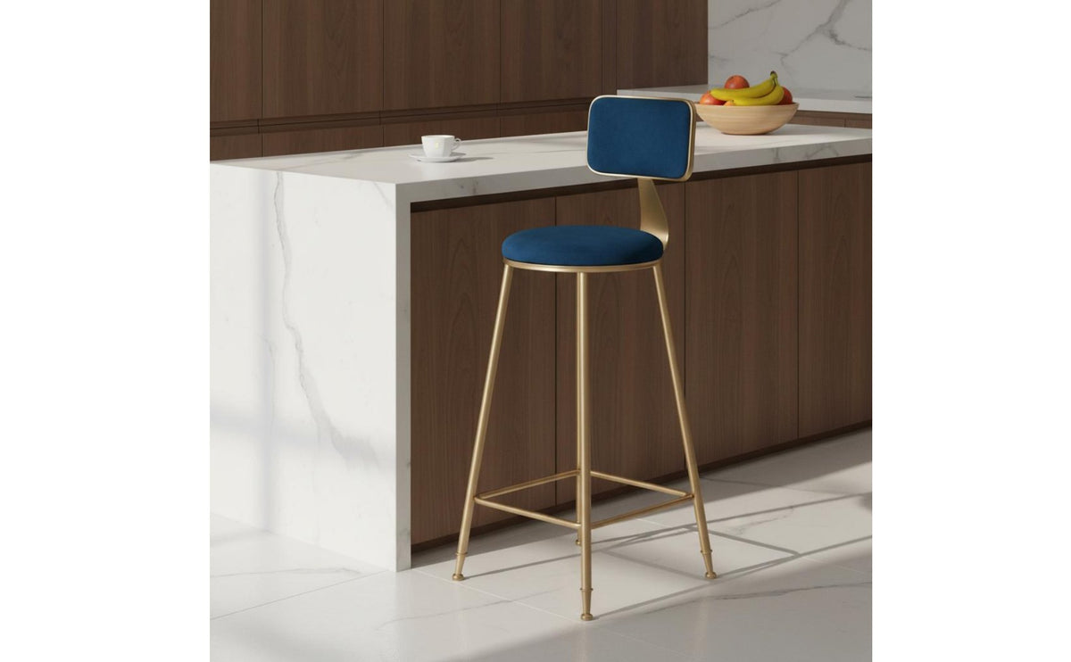 Upholstered Bar Stool with Backrest Light Elegant Design Gold Metal Frame High Stool Modern Kitchen Island Chair for Cafe, Reception Desk