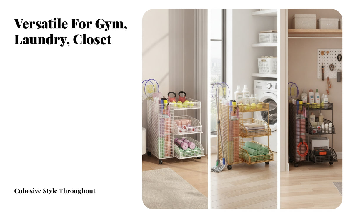 Exercise Mat Organizer with Side | No Assembly Required, Breathable Wire Construction, Metal Mesh Organizer with Basket Shelves, for Home Gym