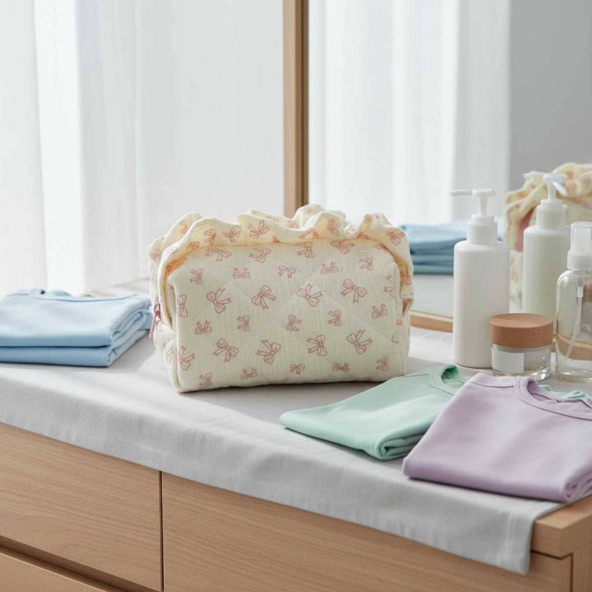 Bow Print Cosmetic Case Large Capacity Portable Skincare Organizer for Dorm Room