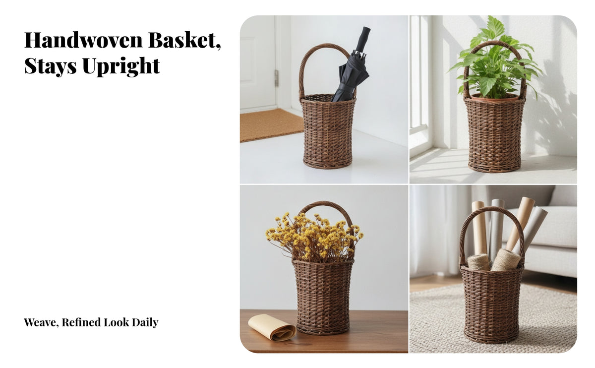 Decorative Woven Basket with Handle | Cylindrical Open-Top Body, Rustic Vintage Look, Flower Basket with Handle, for Entryway