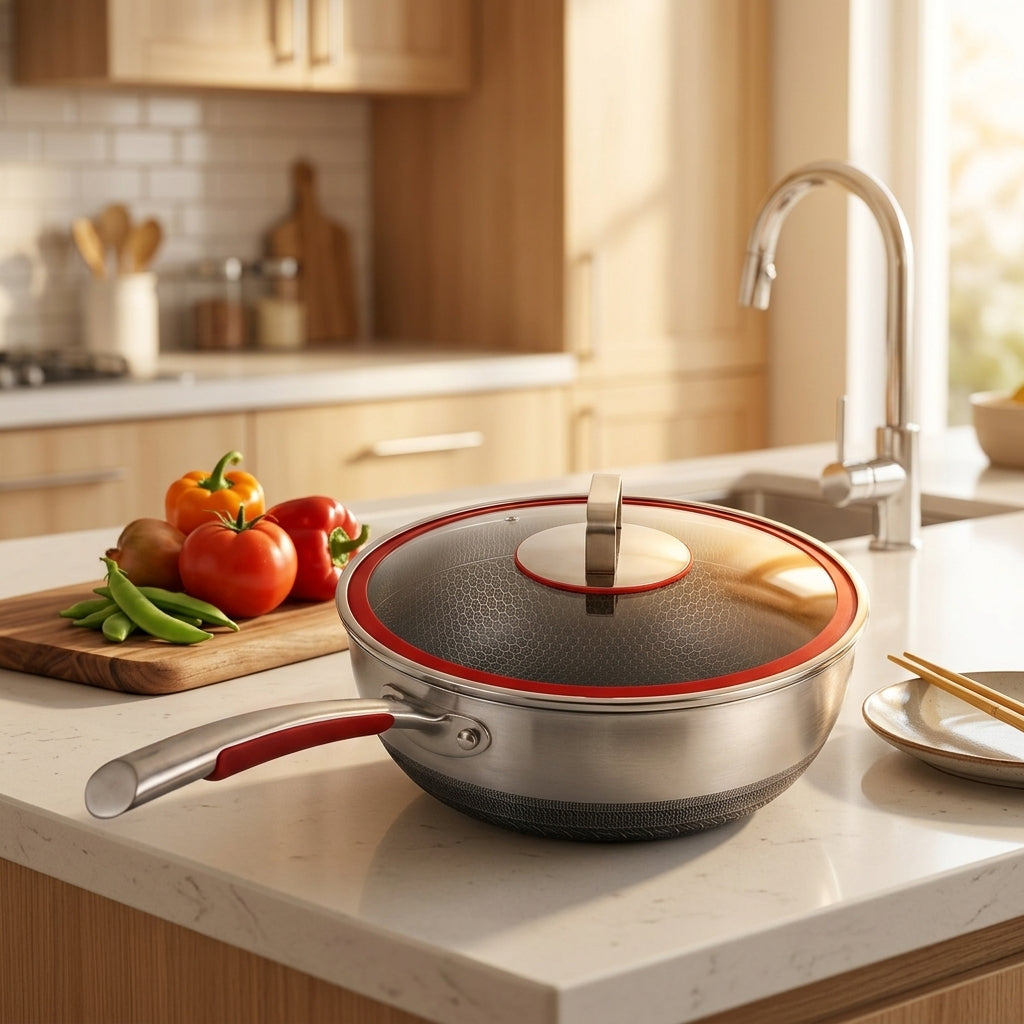Frying Pan for Stir Fry and Professional Wok Induction Hob, Stainless Steel Wok with Lid, Deep Flat Bottom Fry Pan for Induction, 8.75cm Depth