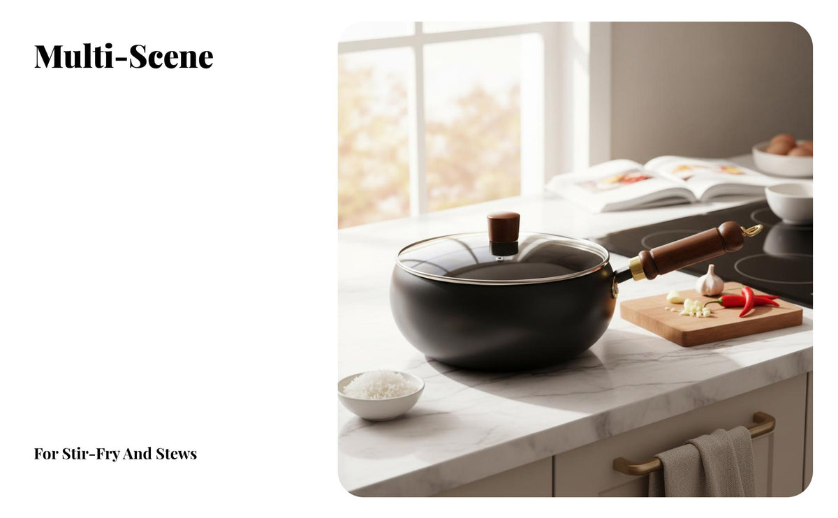 Non-Stick Stir Fry Pan Thickened Structure Flat Bottom Wok Pan Chinese Wok Rapid and Even Heating Rust Protection