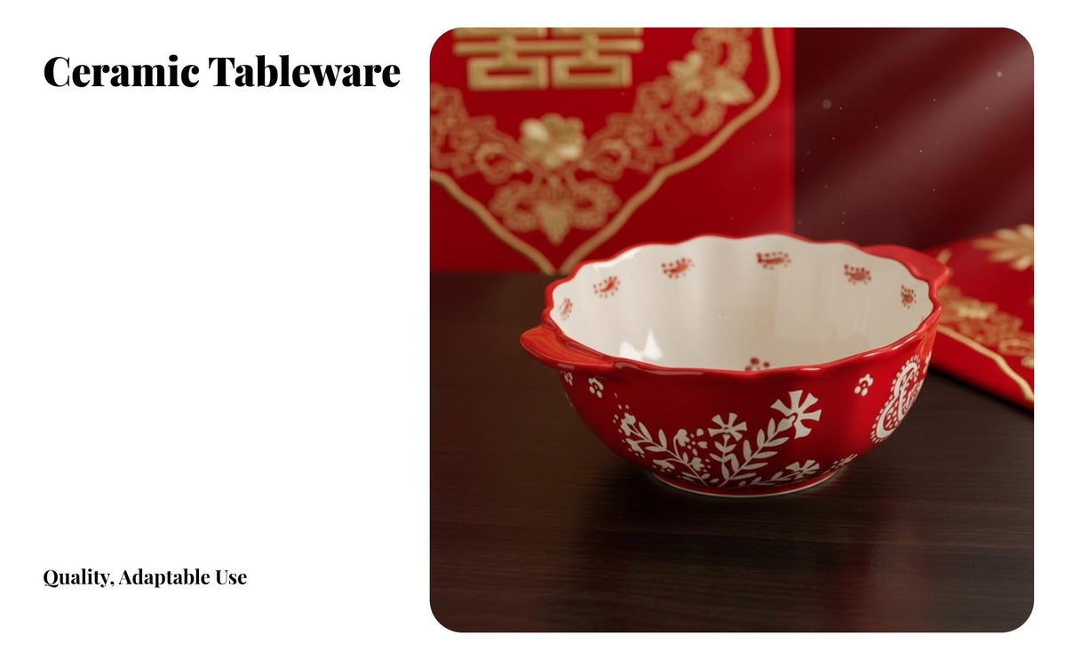 Chinese Style Dinnerware Set, Festive Red Ceramic Bowls and Plates, Wedding Gift Tableware