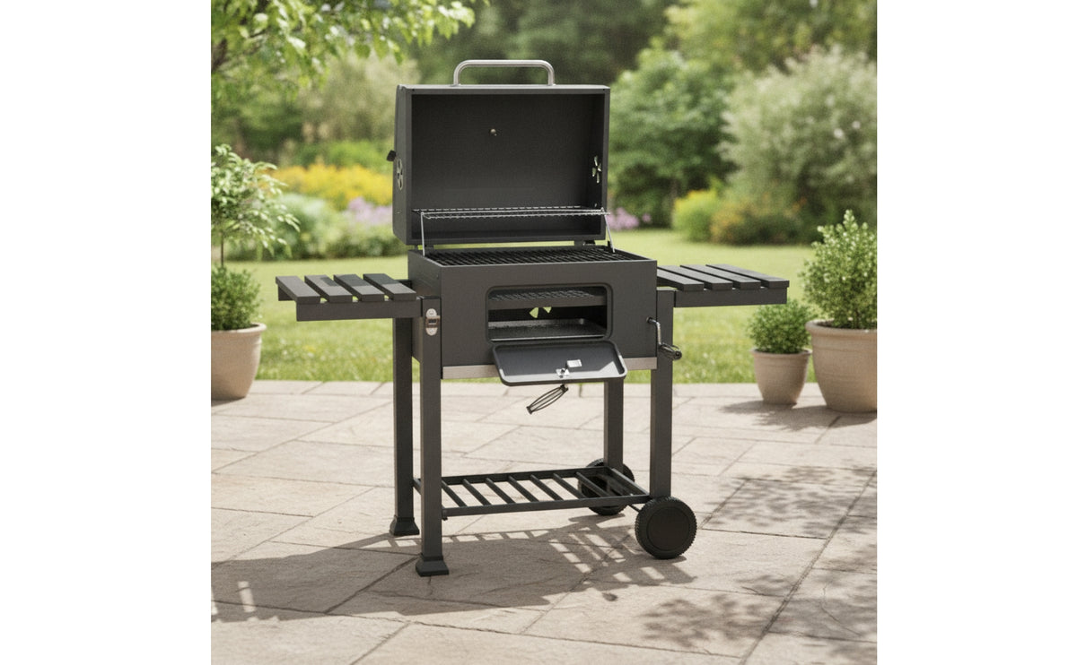 Briquette Grill with Warming Rack Adjustable Height Briquette Grill with Wheels Enamel-Treated Barbecue with Warming Rack for Backyard Cooks