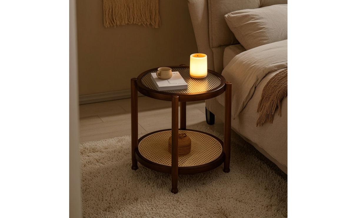 Round Coffee Table with Storage Shelf Solid Wood Coffee Table with Rattan Shelf Two-Tier Furniture for Living Room, Reading Corner