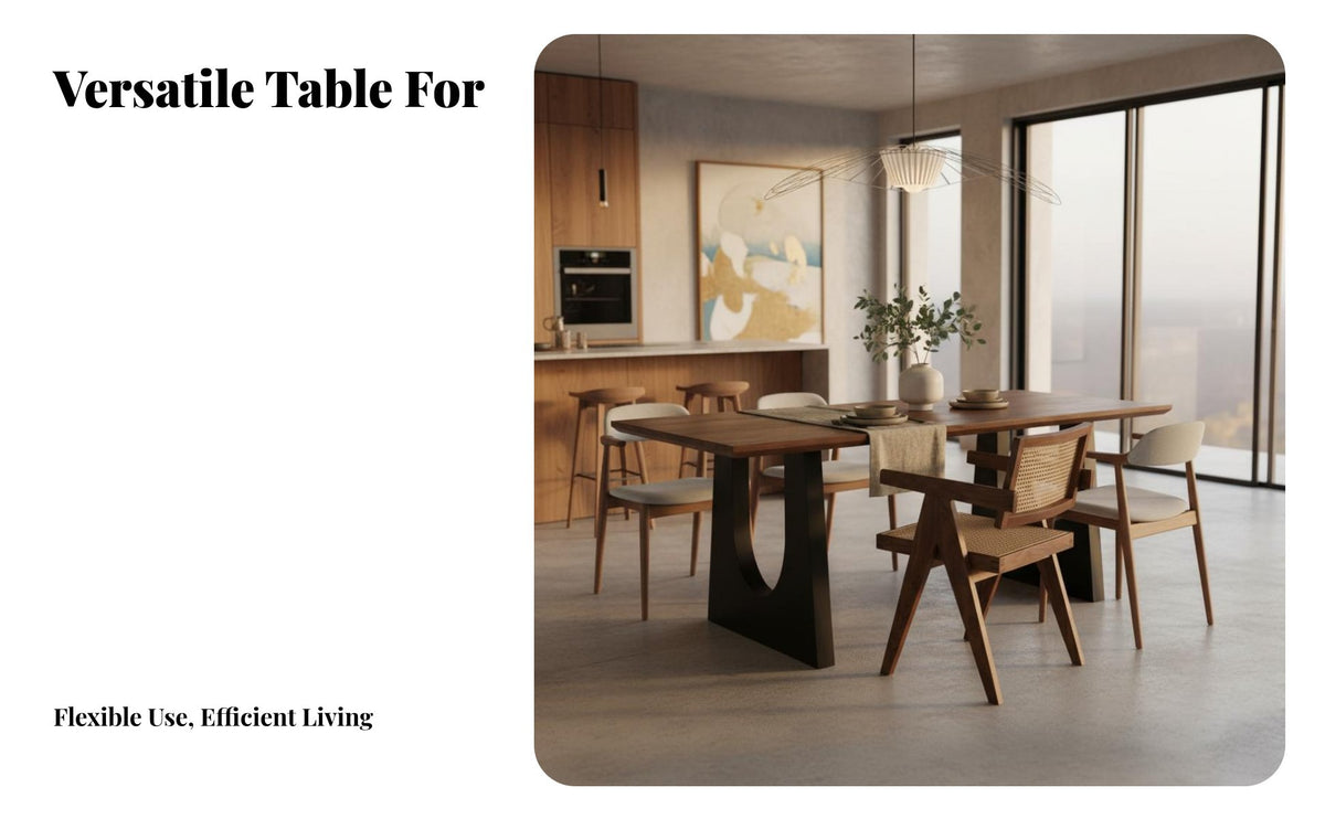 Multi-Purpose Solid Wood Dining Table Spacious Tabletop Large Dining Table Sturdy Construction Walnut Finish Work Desk Rounded Corners for Office Workers, Homeowners, Design Enthusiasts, Living Room, Gatherings