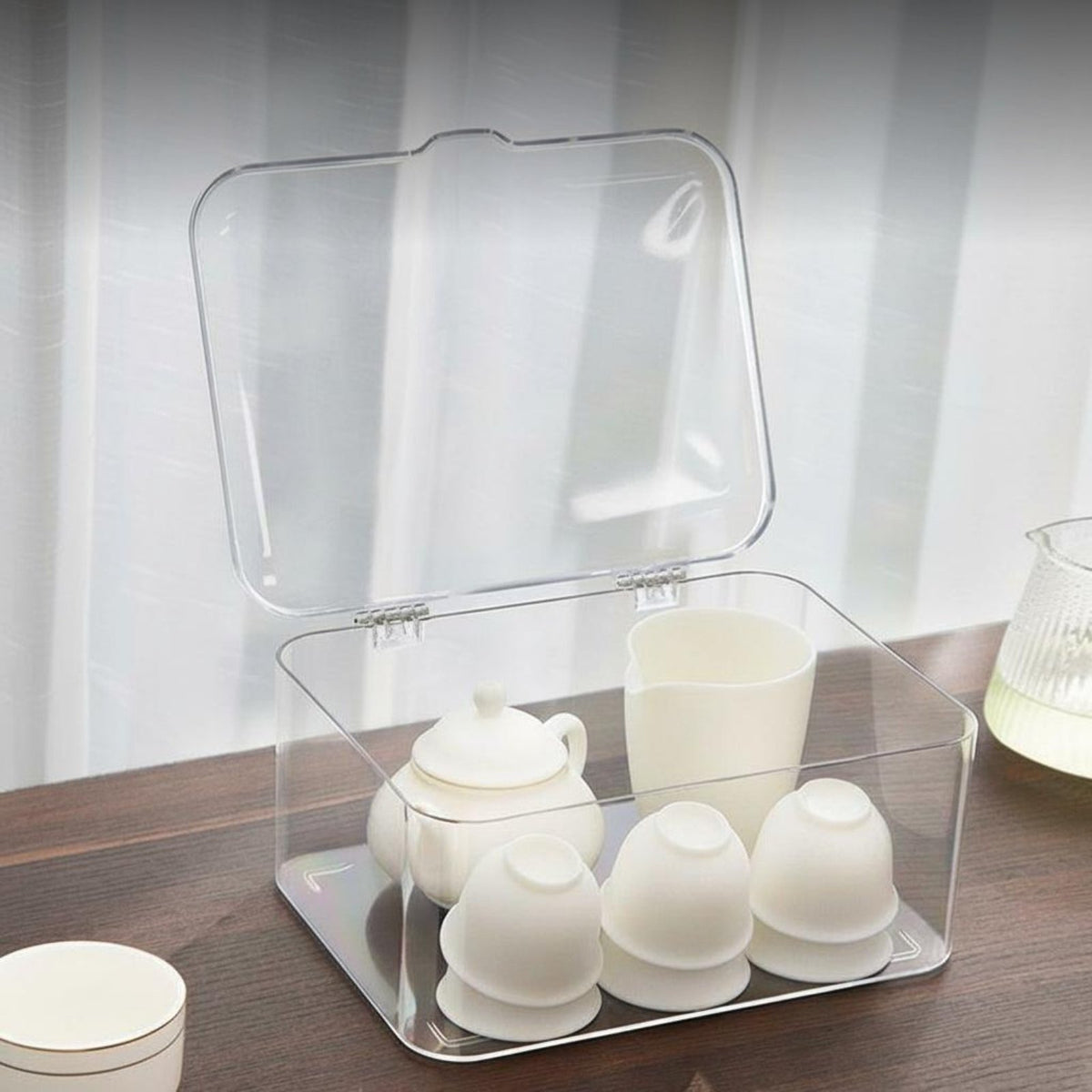 Tea Set Storage Box with Dustproof Transparent Lid Organizer