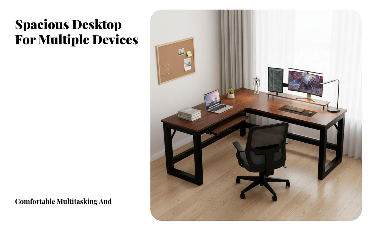 L-Shaped Gaming Desk Large Workspace Corner Computer Desk with Hutch Spacious Desktop Gaming Table with Shelves for Users, Adults, Bedroom, Game Room