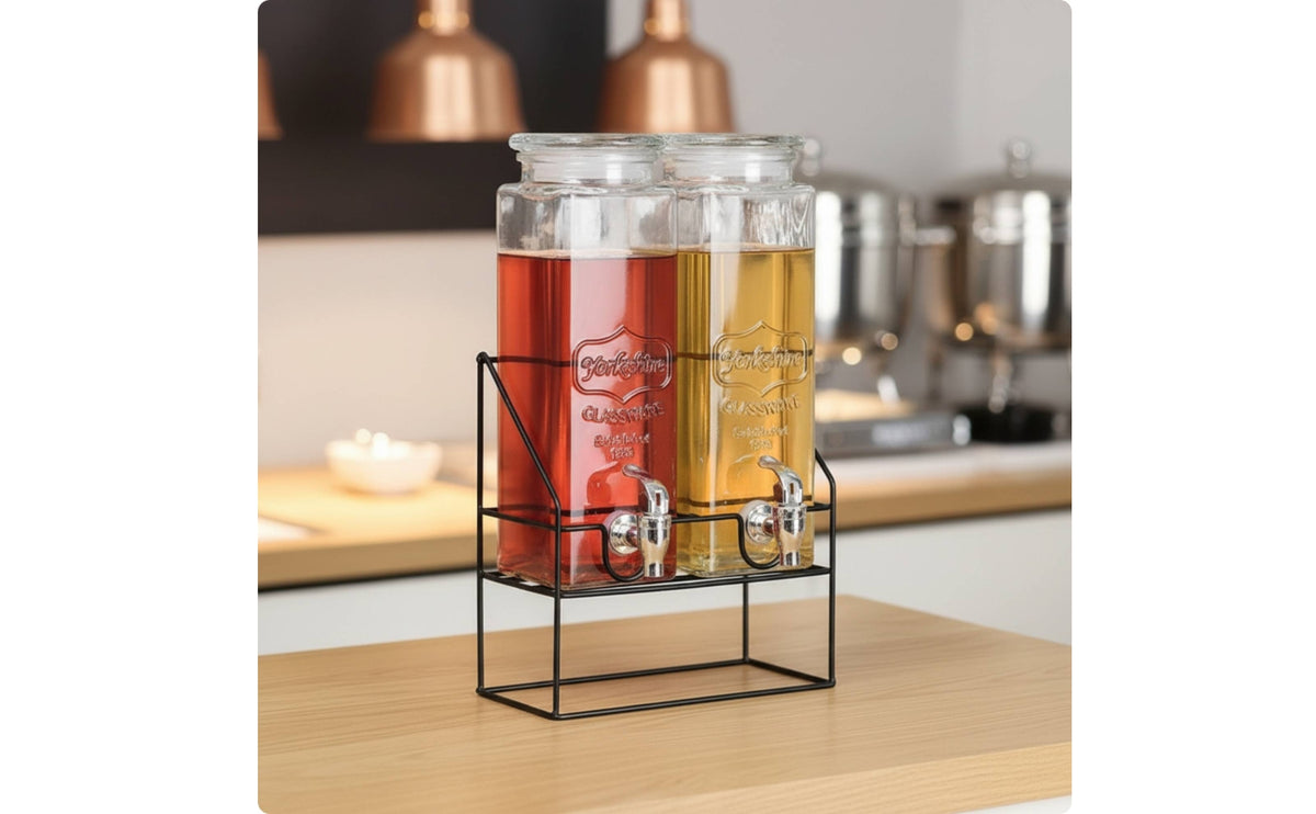 2 Pieces Glass Dispenser with Metal Rack | Countertop, Condiment Dispenser Holder with Bottles, Double, for Hot tabletop dining