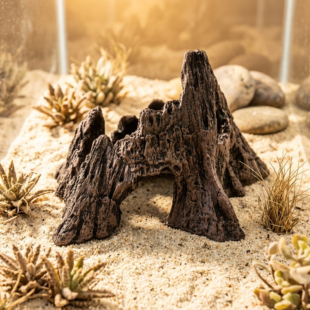 Rock-Textured Resin Reptile Hide, Crested Gecko Tank Accessories and Reptile Rock Hideout, Dark Brown Cave for Small Frogs and Amphibians, 10cm